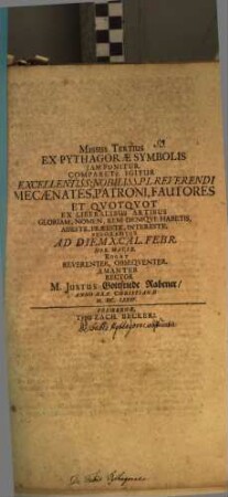 Missus tertius ex Pythagorae symbolis iam proponitur : [Programma invit. continens aliqua de Pythagorae abstinentia a fabis]