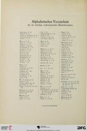 Alphabetisches Verzeichnis der im Catalog vorkommenden Künstlernamen