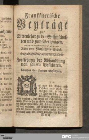 Acht und fünfzigstes Stück. Fortsetzung der Abhandlung von sauern Gesichtern.