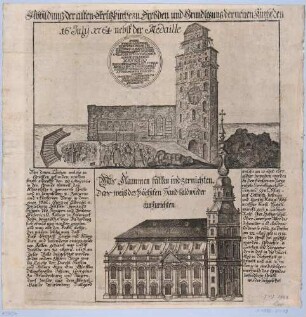 Die Grundsteinlegung zum Wiederaufbau der Kreuzkirche in Dresden in der Ruine der 1760 zerstörten Kirche, eine zweite Abbildung mit Ansicht der geplanten neuen Kreuzkirche und Text über die Leichenfunde in den Grüften der Ruine
