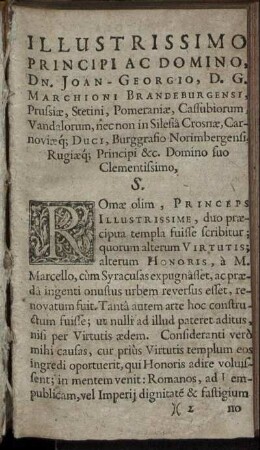 Illustrissimo Principi ... Dn Joan-Georgio ... Marchioni Brandeburgensi ...