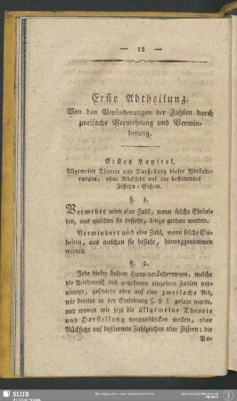 Erste Abtheilung. Von den Veränderungen der Zahlen durch zweifache Vermehrung und Verminderung