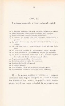 Capo III. I problemi economici e i provvedimenti relativi