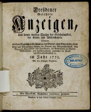 1775: Dresdner gelehrte Anzeigen : aus allen Theilen der Gelehrtheit