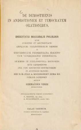 De Demosthenis in Androtionem et Timocratem orationibus