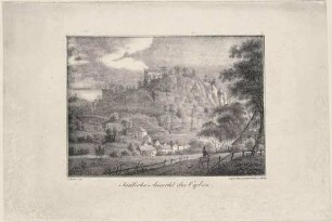 Der Berg Oybin im Zittauer Gebirge mit den Ruinen von Süden über das Dorf Oybin mit Bergkirche gesehen, aus Eschkes Oybin und seine Ruine von 1832