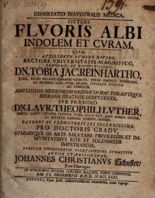 Dissertatio Inavgvralis Medica, Sistens Flvoris Albi Indolem Et Cvram