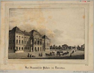 Das Japanische Palais in Dresden, Blick vom Palaisplatz nach Nordwesten, mit den Torhäusern des ehem. Leipziger Tores (Weißes Tor), aus der Zeitschrift "Saxonia"