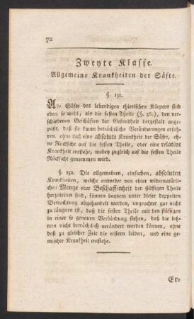 Zweyte Klasse. Allgemeine Krankheiten der Säfte