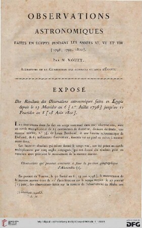 Observatins astronomiques faites en Ègypte pendant les années VI, VI et VIII