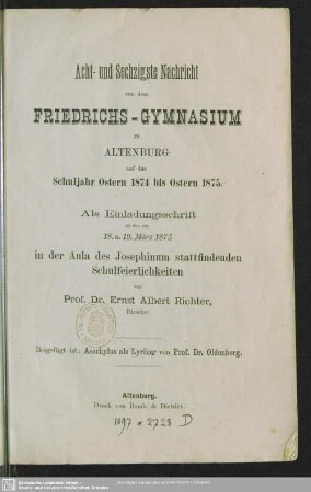 68.1874/75: Nachricht von dem Herzoglichen Friedrichs-Gymnasium zu Altenburg : über das Schuljahr Ostern ... bis Ostern ...