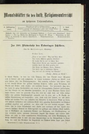 Zur 100. Wiederkehr des Todestages Schillers