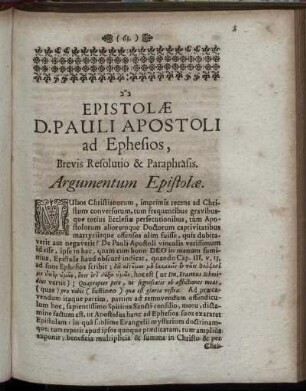 Epistolæ D. Pauli Apostoli ad Ephesios, Brevis Resolutio & Paraphrasis Argumentum Epistolæ.