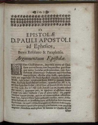 Epistolæ D. Pauli Apostoli ad Ephesios, Brevis Resolutio & Paraphrasis Argumentum Epistolæ.