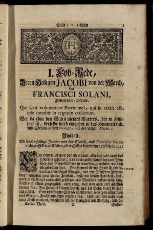 I. Lob-Rede, Deren Heiligen Jacobi von der March... - VIII. Lob-Rede, Des Heiligen Joannis Francisci Regis...