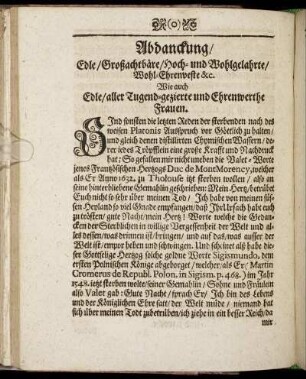 Abdanckung/ Edle/ Großachtbäre/ Hoch- und Wohlgelahrte/ Wohl-Ehrenveste &c. Wie auch Edle/ aller Tugend-gezierte und Ehrenwerthe Frauen.