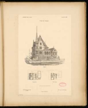 Villa, Cochem Monatskonkurrenz Juni 1884: Grundriss Erdgeschoss, Obergeschoss, perspektivische Ansicht; Maßstabsleiste