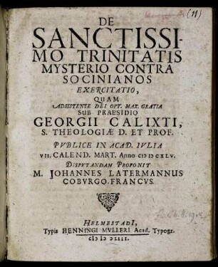 De Sanctissimo Trinitatis Mysterio Contra Socinianos Exercitatio