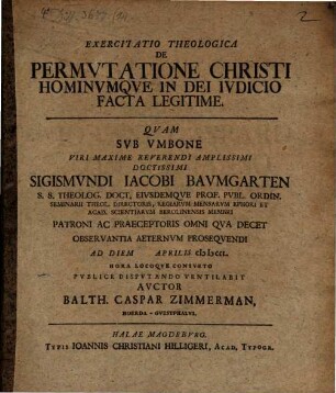 Exercitatio theol. de permutatione Christi hominumque in dei iudicio facta legitime