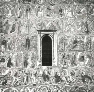 Moldovita, Rumänien. Kloster (1531). Klosterkirche. Ausschnitt aus der Südfassade. Fresken 1537