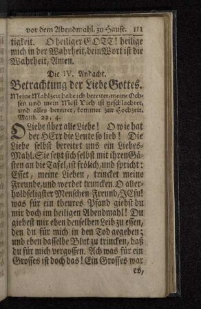 Die IV. Andacht. Betrachtung der Liebe Gottes.
