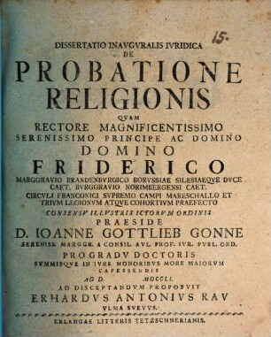 Dissertatio inavgvralis ivridica de probatione religionis
