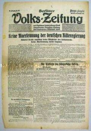 Titelblatt der "Berliner Volks-Zeitung" zur Ablehnung der deutschen Räte-Regierung durch Frankreich und Großbritannien