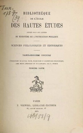 L' inscription de Bavian : texte, traduction et commentaire philologique avec trois appendices et un glossaire, 1