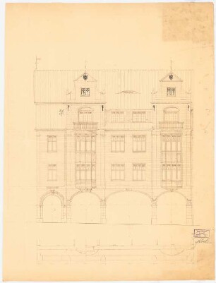 Wohn- und Geschäftshaus Breite Straße 1 - 5, Lübeck: Aufriss Vorderseite (Ansicht Breite Straße) 1:50; Horizontalschnitt der Fassade 1:50