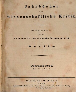 Jahrbücher für wissenschaftliche Kritik. 1846, Bd. 2
