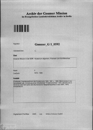 Gossner Mission in der DDR - Kuratorium allgemein, Finanzen und Schriftwechsel