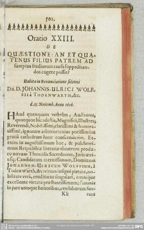 Oratio XXIII. De Quaestione: An Et Quatenus Filius Patrem Ad sumptus studiorum causa suppeditandos cogere possit?