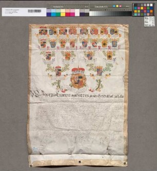 16er-Wappenahnentafel der Bernardine Eleonore zu Hessen. Bestätigt durch Joseph Clemens Erzbischof zu Köln, Johann Wilhelm Pfalzgraf zu Rhein, Salentin Ernst Graf zu Manderscheidt, Blankenheim und Gerolstein, Franz Ernst Graf zu Salm. Mit den vier Unterschriften. Keines der vier Siegel erhalten.
