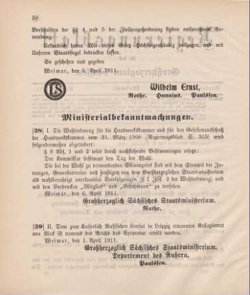 Nr. 38: Ministerialbekanntmachung, betreffend Abänderung der Wahlordnung für die Handwerkskammer und den Gesellenausschuß