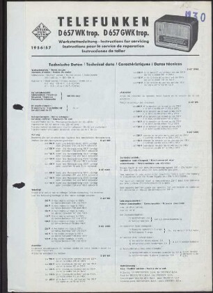 Bedienungsanleitung: Telefunken D 657WK trop. D657GWK trop.; Werkstattanleitung