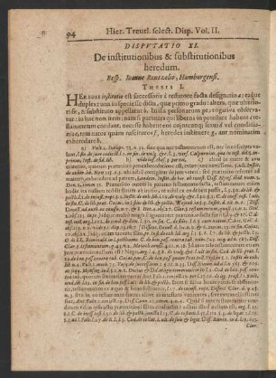 Disputatio XI. De instutitionibus & substitutionibus heredum