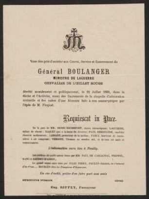 Vous êtes prié d'assister aux Convoi, Service et Enterrement du Général Boulanger