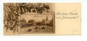 Grußkarte zum Jahreswechsel mit Hauptbahnhof, Bahnhofvorplatz mit Löwenbrunnen, Postamt 2, Straßenbahnen, Tannenzweigen-Ornamenten