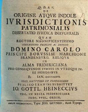 De Origine Atque Indole Iurisdictionis Patrimonialis : Dissertatio Iuridica Inauguralis