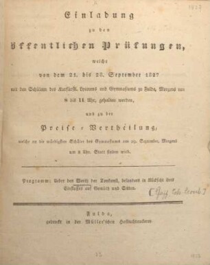 Ueber den Werth der Tonkunst, besonders in Rücksicht ihres Einflusses auf Gemüth und Sitten