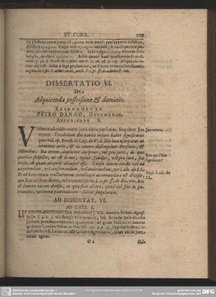Dissertatio VI. De Adquirenda possessione & dominio. Respondente Petro Danaeo, Dithmarso