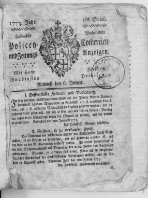 1 tes Stück, Ausgabe vom 6. Januar 1773