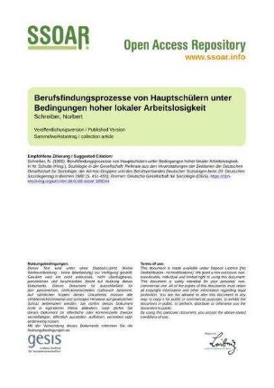 Berufsfindungsprozesse von Hauptschülern unter Bedingungen hoher lokaler Arbeitslosigkeit