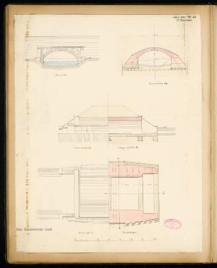 Gewölbte Eisenbahnbrücke Monatskonkurrenz Mai 1870: Grundriss in verschiedenen Ebenen, Aufriss Seitenansicht, Vorderansicht, Längsschnitt, Querschnitt; Maßstabsleiste
