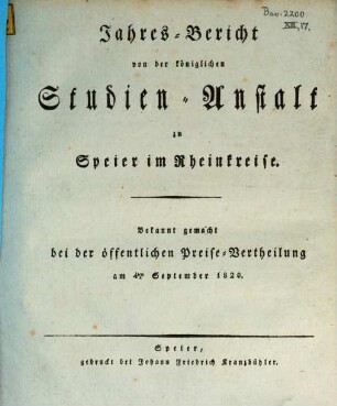Jahresbericht über die Kgl. Studienanstalt in Speier : für das Studienjahr .... 1820
