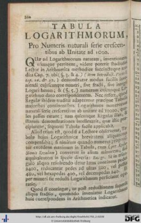 Tabula Logarithmorum, Pro Numeris naturali ferie crescentibus ab Unitate ad 1000.