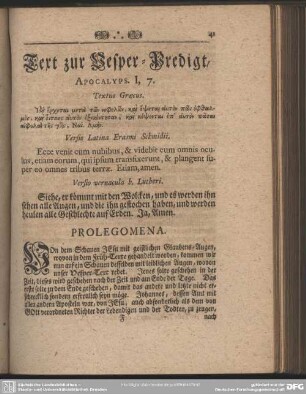 Text zur Vesper-Predigt, Apocalyps. I, 7