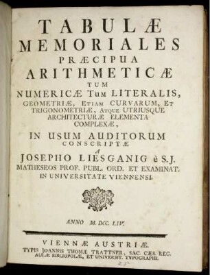 Tabulæ Memoriales Præcipua Arithmeticæ, Tum Numericæ, Tum Literalis, Geometriæ, Etiam Curvarum, Et Trigonometriæ, Atque Utriusque Architecturæ Elementa Complexæ