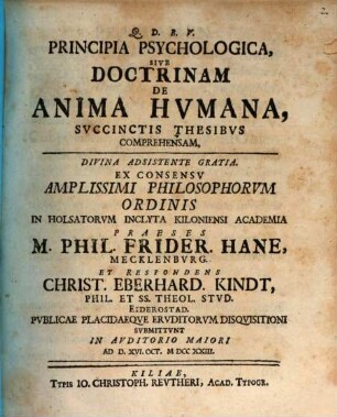 Principia psychologica, sive doctrinam de anima humana, succinctis thesibus comprehensam