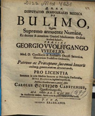 Disputatio Inauguralis Medica De Bulimo